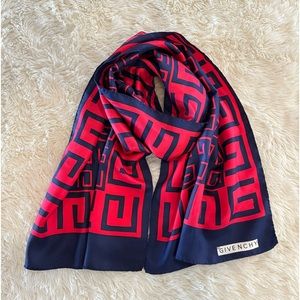Vintage Givenchy Silk Scarf - 64” Red & Blue G Print